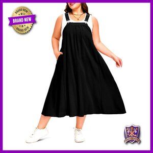 Plus Size Cotton Overall Dress Adjustable Straps Pockets A-Line Maxi